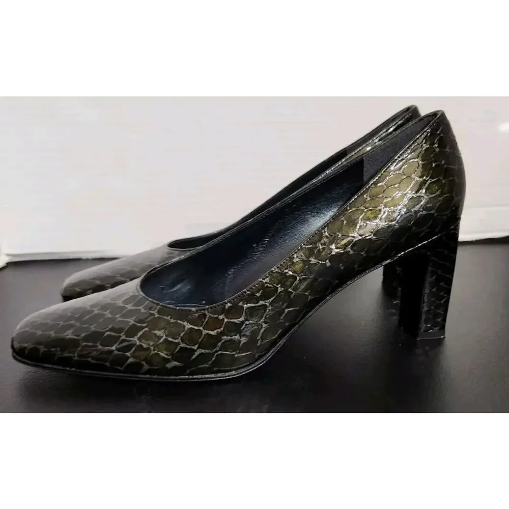 Stuart Weitzman Womens Exotic Snakeskin Black Leather Square Toe‎ Pumps 9 AA